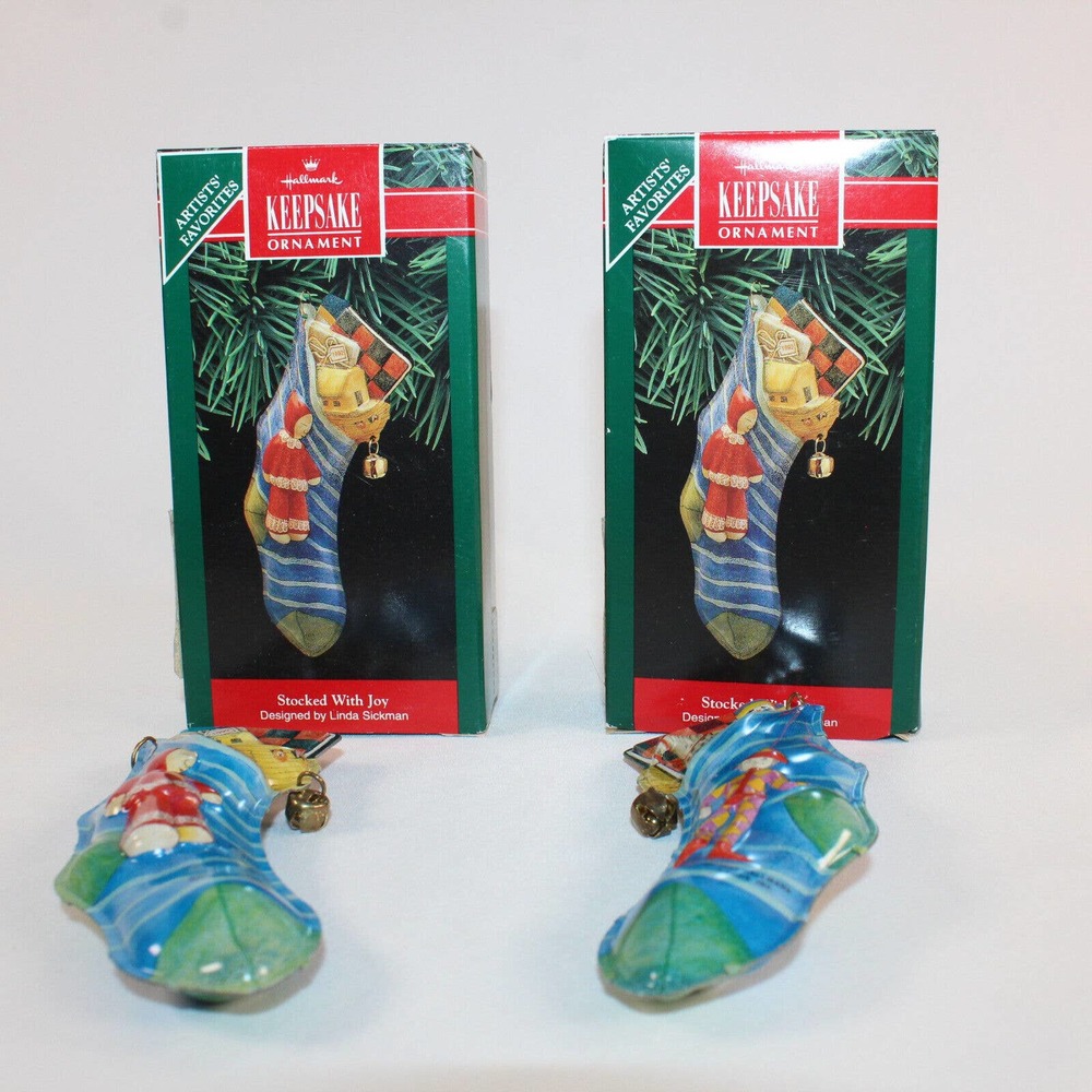 Set of 2 Hallmark Stocked with Joy Pressed Tin Keepsake Ornament 1992